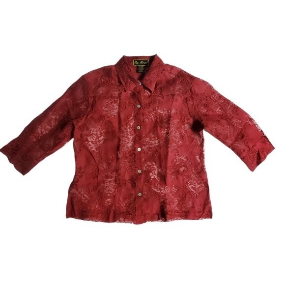 Mirasol Red Floral 3/4 Sleeve Semi-Sheer Button-Up Top Sz M - Picture 1 of 14